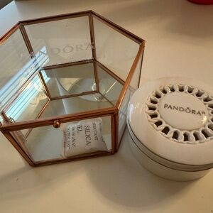 Pandora LOT: White Ceramic Jewelry Box Rose Gold-Tone Glass Hexagon Display Case